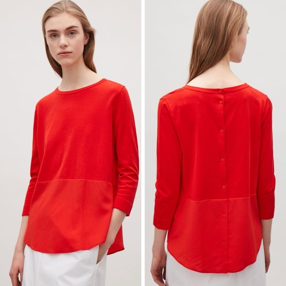 COS Woman Red Fine Knit Silk Panel Relax Fit 3/4 Sleeve Blouse MEDIUM Classic - Picture 1 of 11
